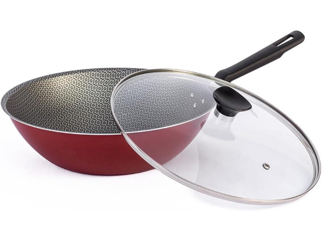 Generic Nonstick Wok Pan with Lid, 11 inch, Starflon Max, PFOA Free, Tempered Glass, Heat Resistant Handle, Dishwasher Safe, Gas Stove