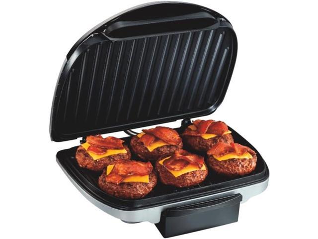 Hamilton Beach Electric Indoor Grill, 6-Serving, Large 90 sq. in. Nonstick Easy Clean Plates, Floating Hinge for Thicker Foods, 1200 Watts, 6.38'D.