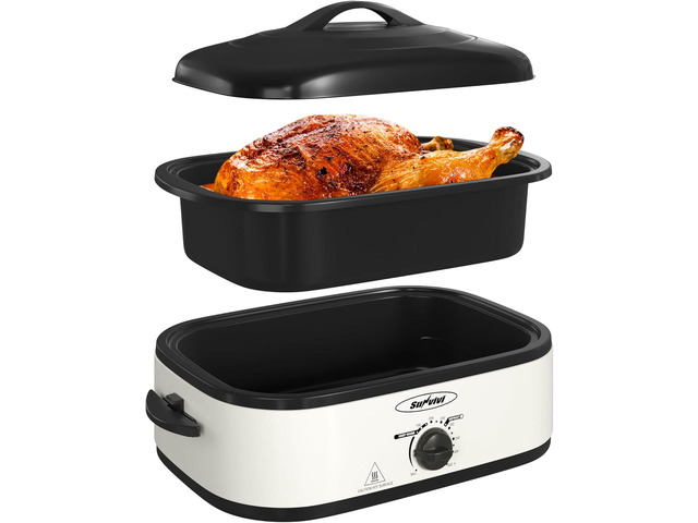 Sunvivi Electric Roaster Oven with Self-Basting Lid, 14-Quart Turkey Roaster Oven with Removable Pan and Rack, Stainless Steel, White