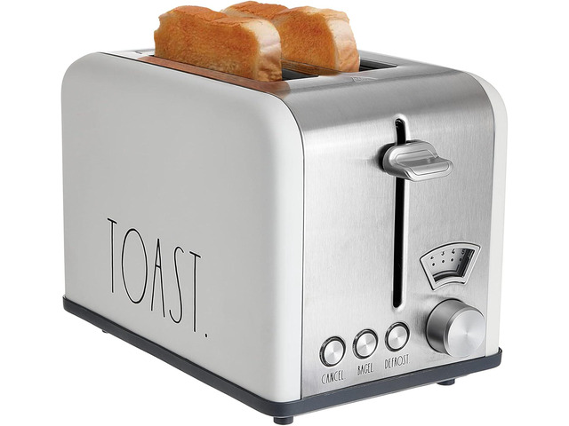 Rae Dunn Toaster, Stainless Steel 2 Slice Square Toaster, Wide Slot with 5 Browning Levels, with Bagel, Defrost and Cancel Options (Cream)