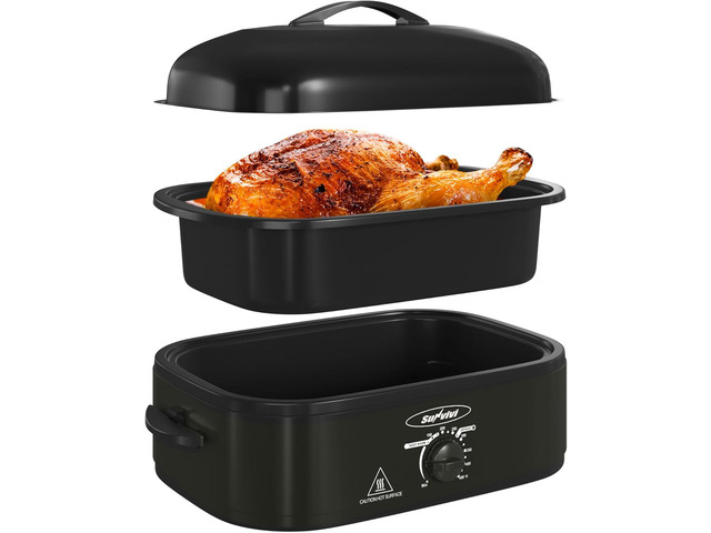 Sunvivi 14-Quart Electric Roaster Oven with Self-Basting Lid, Turkey Roaster Oven with Removable Pan and Rack, Stainless Steel, Black