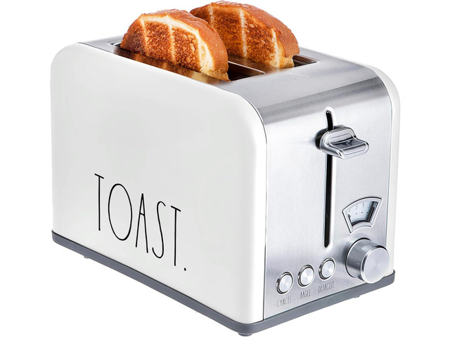 Rae Dunn Toaster, Stainless Steel 2 Slice Square Toaster, Wide Slot with 5 Browning Levels, with Bagel, Defrost and Cancel Options (White)