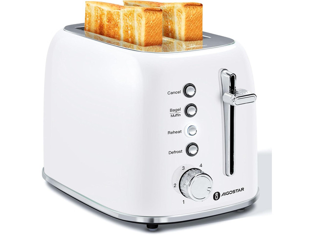 Aigostar Retro 2 Slice Toaster - Stainless Steel, Extra Wide Slots, Bagel Function, Cancel & Defrost, 6 Shade Settings, Removable Crumb Tray, Pearl...