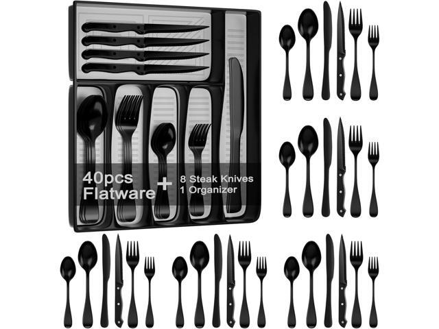 49piece Black Silverware Set with Organizer, Stainless Steel Flatware Set for 8 with Drawer Tray, Kitchen Tableware Service Cutlery Matte Steak.