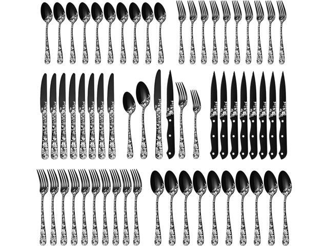 Stapava 48-Piece Black Silverware Set with Steak Knives, Stainless Steel Cutlery Flatware Set for 8, Utensil Sets Include Forks Spoons and Knives.