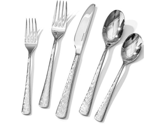 KINGSTONE Hammered Silverware Set, Flatware Set, 18/10 Stainless Steel Premium Cutlery with Unique Ripple Handles Design Mirror Polished -.