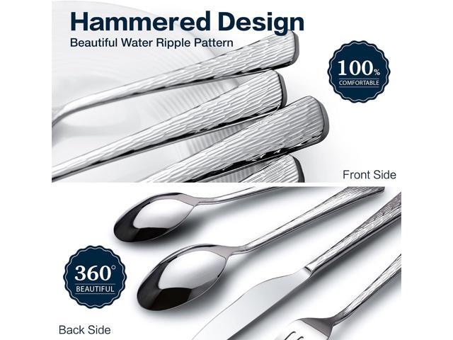 KINGSTONE Hammered Silverware Set, Flatware Set, 18/10 Stainless Steel Premium Cutlery with Unique Ripple Handles Design Mirror Polished -...