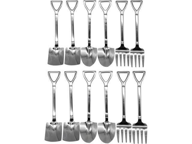 12Pcs Shovel Spoons and Fork Set 18/10(304) Stainless Steel Spade Shape Silverware Set 6.1inch Mini Spoon for Dessert Coffee Yogurt Cake Fruit Ice.