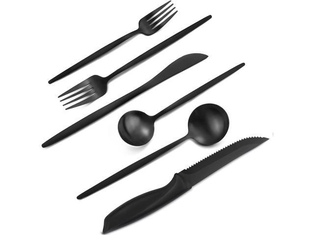48 Pieces Matte Black Silverware Set with Steak Knives, Satin Finish tableware Cutlery Set, Home and Restaurant, Service for 8, Dishwasher Safe