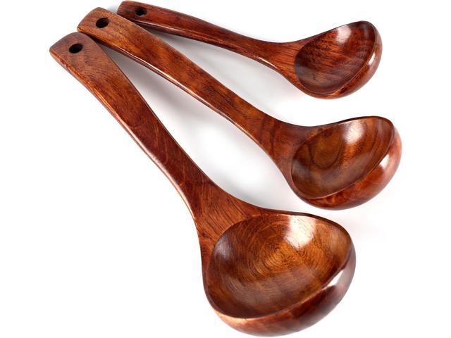 HANSGO Wooden Ladle for Soup, 3 Size Wooden Spoons for Cooking, Non-Stick Wood Kitchen Utensils for Stirring Stewing and Serving