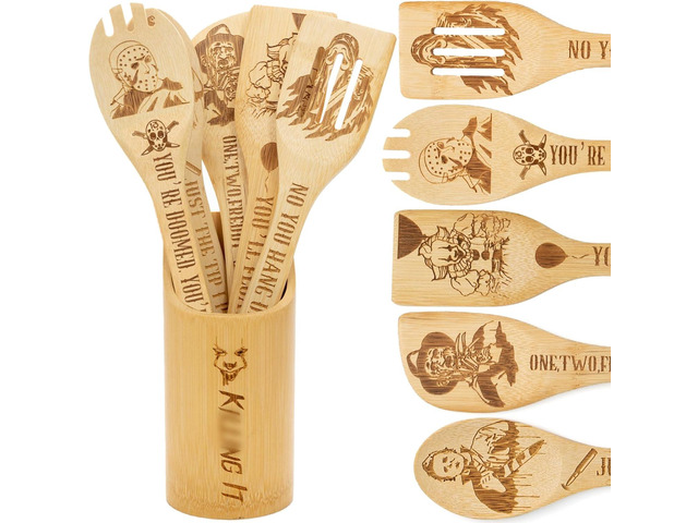 6Pcs Horror Movie Character Cooking Gift Set Wooden Spoons Utensils with Matching Holder - Halloween Movie Merchandise Laser Engraved Bamboo Spoons...