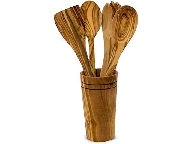 Olive Wood 5-Piece Wooden Cooking Utensil Set - Includes holder with spatula, cooking/mixing spoon, salad spoon and fork - Handcrafted in Tunisia -.