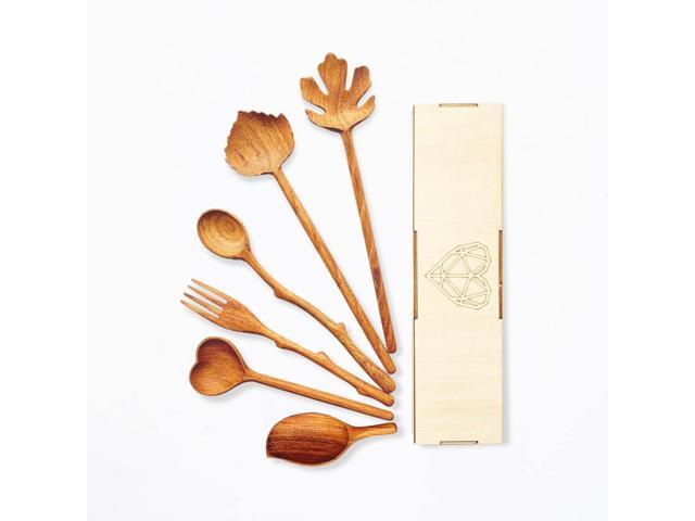 Natural Wooden Spoons and Forks Set (Set of 6), Hostess Gifts for Women, Couple, Mother's Day Ideas for Mom, Kitchen Cottagecore, Handmade Cooking.
