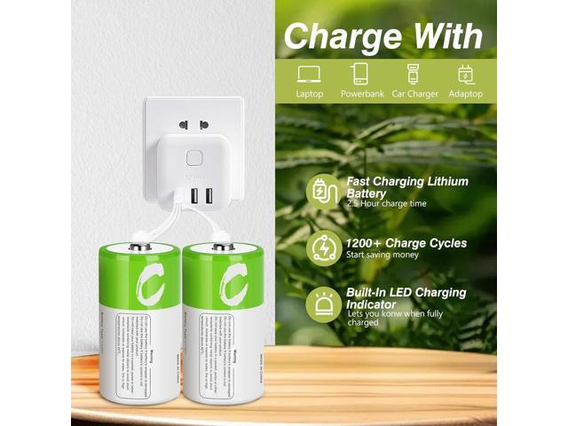 C Batteries Rechargeable 4 Pack C Size Cell Lithium Batteries LR14 5000mWh 1.5V Li-ion Power for Long-Lasting Use in Toys and Floodlights
