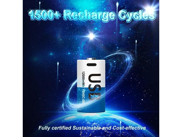 Rechargeable Lithium D Batteries with 4 in 1 USB-C Charge Cable, 4 Pack D Cell Li-ion Battries, LR20 1.5V D Size Cell Battery Replacement 12000mWh...