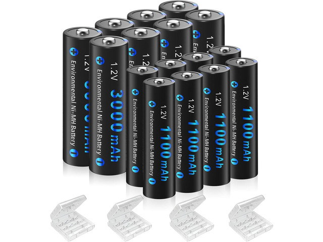 16 Pack AA AAA Rechargeable Batteries, 8 AA 3000mAh and 8 AAA 1100mAh 1.2V Ni-MH Low Self Discharge Double A Rechargeable Battery for Outdoor Solar...