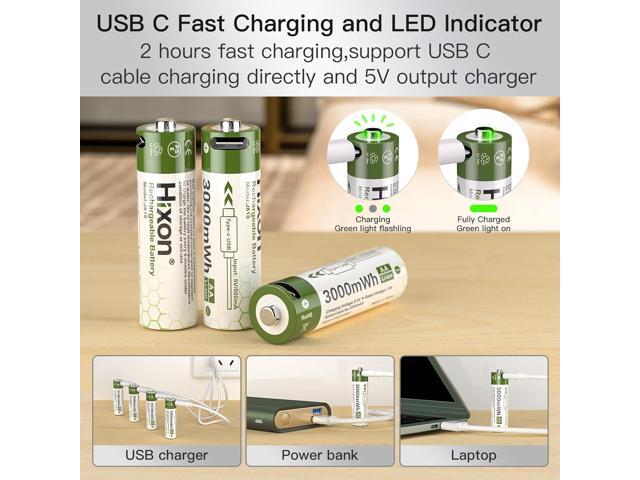 Hixon 1.5V USB Rechargeable Lithium Batteries AA Size,3000mWh Double AA Rechargeable Battery,Charges 1.5 Hours, Over 1000 Cycles, 4-in-1 USB-A to...