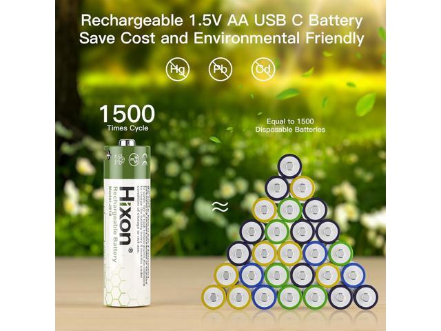 Hixon 1.5V USB Rechargeable Lithium Batteries AA Size,3000mWh Double AA Rechargeable Battery,Charges 1.5 Hours, Over 1000 Cycles, 4-in-1 USB-A to...