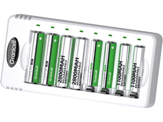 Rechargeable AA and AAA Batteries with 8 Bay Smart Charger,4 Pack AA 2800mAh & 4 Pack AAA 1100mAh Low self Discharge NiMH Battery
