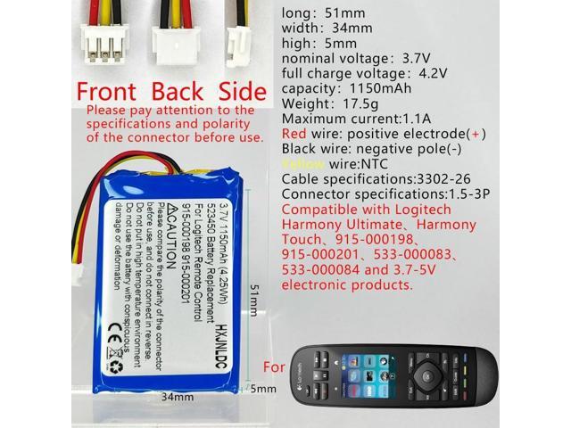 DC 3.7v 503450(523450) 1150mAh Lithium Polymer Replacement Battery for Logitech Harmony Touch,Harmony Ultimate Remote Controls 533-000083...