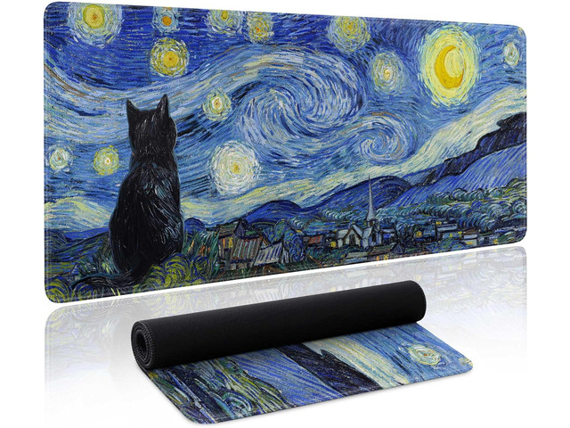 Starry Night Cat Gaming Mouse Pad Large Desk Mat Extended Keyboard Mouse Pad Anime Mousepad with Non-Slip Base and Stitched Edge Mouse Mat Desk Pad...