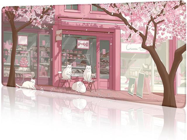 Cat Mouse Pad Large Desk Mat, Pink Cherry Blossom Computer Mousepad with Stitched Edges Non-Slip, Keyboard Mouse Pad for Desktop Cute Office Desk.