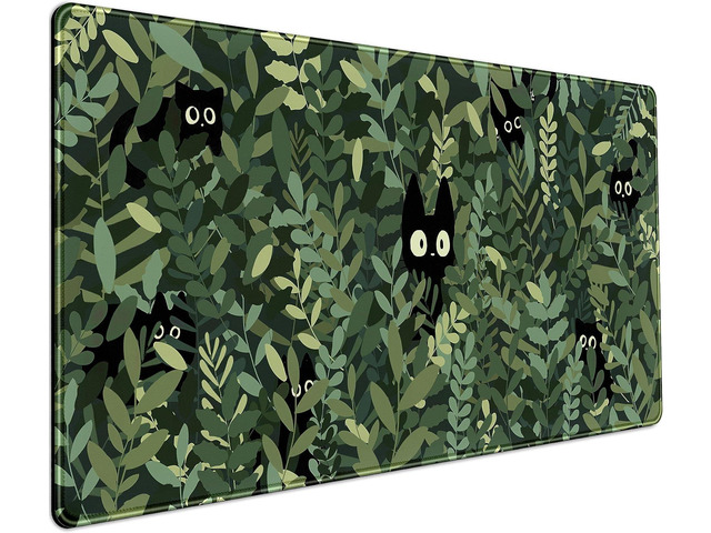 Cute Anime Cats Desk Mat Green Leaves Kawaii Mousepad XXL Extended Large Gaming Mouse Pad Cat, Aesthetic Extended Laptop Keyboard Mat Desk Pad for...