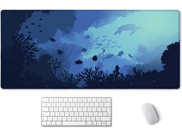 SSOIU Blue Ocean Big Turtle Desk Mat, Under The Sea Peaceful Extra Large Mouse Pad, Extended Gaming Mat 35.5' X 15.7', Large Non-Slip Rubber Base.