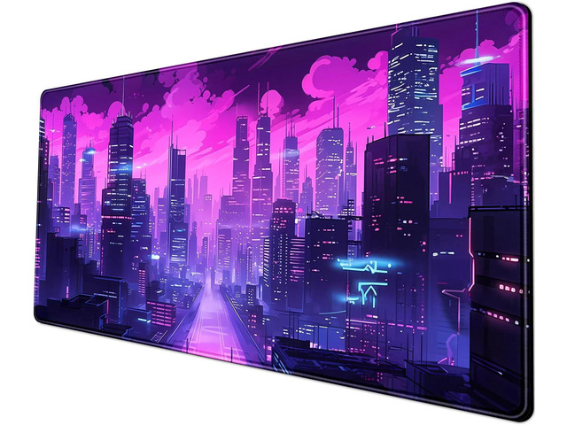 Desk Pad Cyberpunk Purple Desk Mat City Skyline Gaming Extended Mouse Pad Big Office Keyboard Pc Laptop for Women Large Mousepad with Stitched Eges...