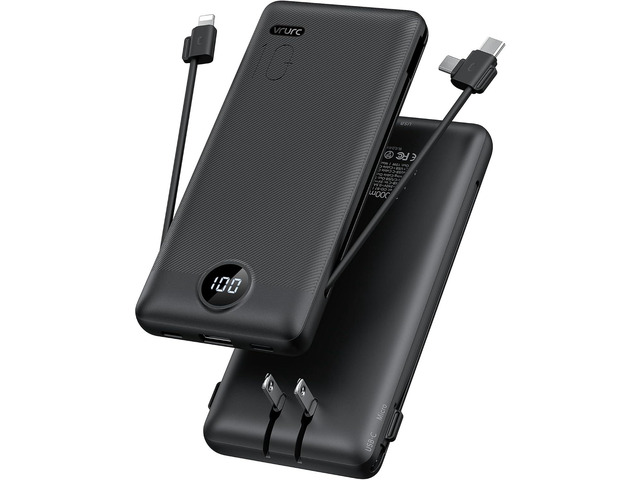 Portable Charger,Power Bank Built-in Cables and AC Wall Plug,VRURC USB C Portable Bank 10000mAh,Travel Essentials Phone Charger Compact Lightweight...