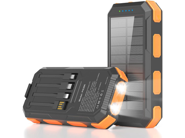 Solar Charger Power Bank 38800mAh, PD 22.5W USB-C Fast Charging Portable Charger with 4 Built-in Cables, External Battery Pack with Dual LED...