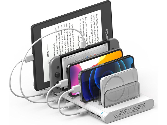 Unitek Charging Station for Multiple Devices, 10-Port USB Charger with SmartIC Technology and Adjustable Dividers, Organizer Stand Compatible with...