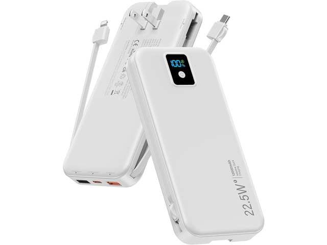 Portable Charger, 12000mAh 22.5W Fast Charging Power Bank with Built-in Cables & Wall Plug, Travel Essentials Battery Pack with LED Display, USB C...