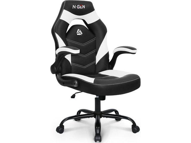 N-GEN Gaming Gaming Chair, Lumbar, PU Leather, Flip-Up Arms, White Ergonomic High-Back Design, Adjustable Height with 360° Swivel Wheels,...