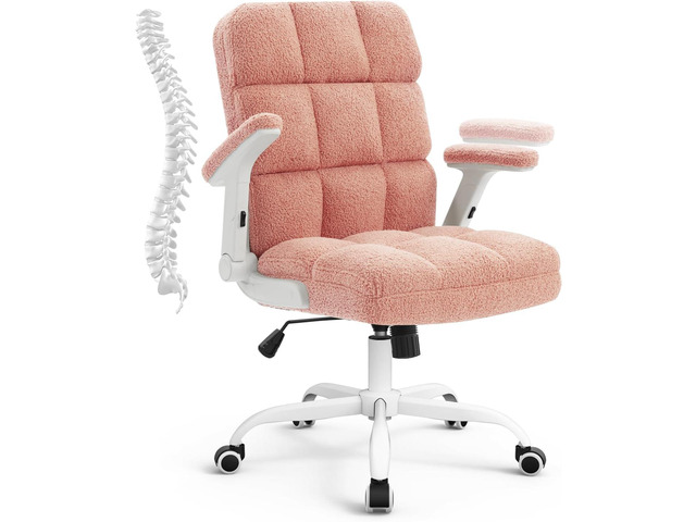 SEATZONE Pink Office Chair Ergonomic Computer Desk Chair with Wheels,Faux Fur Comfy Office Chair for Women and Girls,Teddy Fleece Material