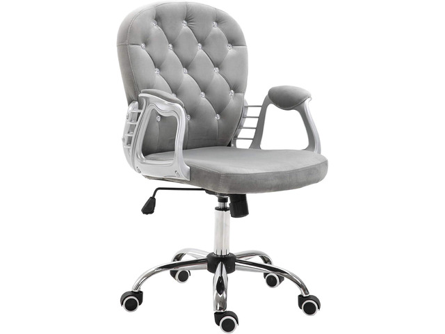 Vinsetto Velvet Home Office Chair Button Tufted Padded Armrests Gray Desk Chair, Adjustable Height, Swivel Wheels