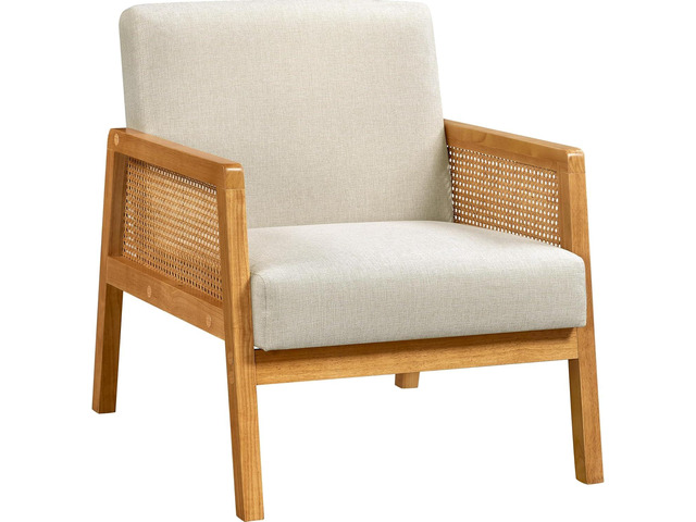 Yaheetech Beige Accent Chair, Armchair with Wood Legs, Mid Century Living Room Chair, Linen Fabric Lounge Chair for Bedroom Reading Room, Beige