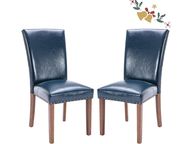 Parsons Dining Chairs Set of 2, Upholstered Nailhead PU Leather Dining Room Kitchen Side Chair with Thick Cushions and Wood Legs, Blue