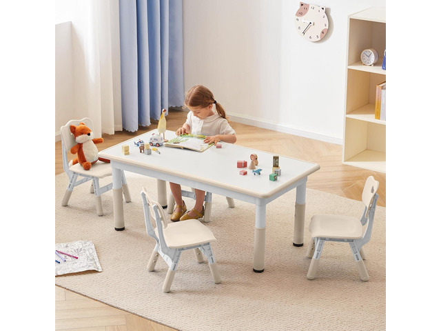 Kids Study Table and Chairs Set, Height Adjustable Toddler Table and Chair Set for Kids Ages 3-8, Graffiti Desktop (Burlywood - 1)