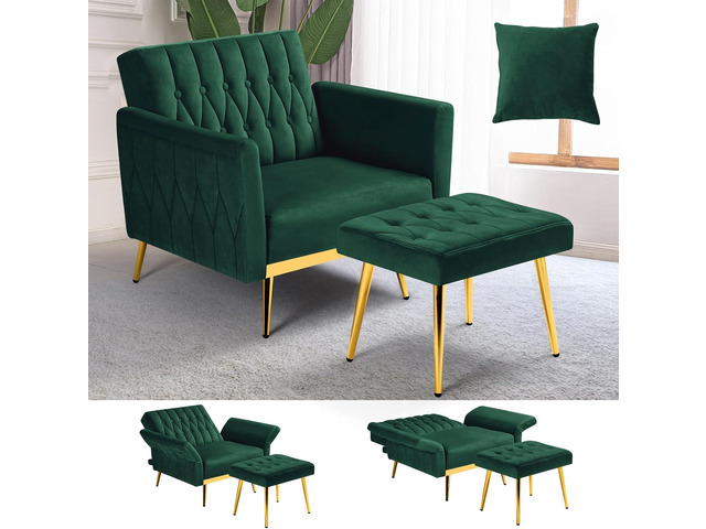 Velvet Accent Chair with Adjustable Armrests and Backrest, Button Tufted Lounge Chair, Single Recliner Armchair with Ottoman and Pillow for Living...