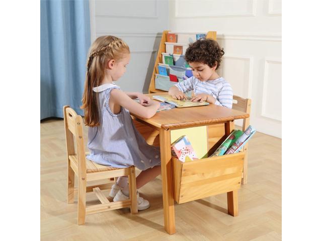 Kids Solid Wood Table and 2 Chair Set with Storage Desk and Chair Set for Children Toddler Activity Table (Solid Wood/Natural)