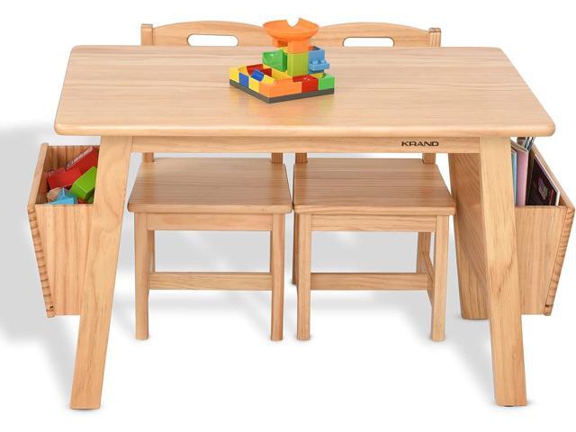Kids Solid Wood Table and 2 Chair Set with Storage Desk and Chair Set for Children Toddler Activity Table (Solid Wood/Natural)