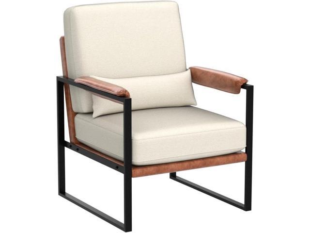 Karl home Mid-Century Accent Chair Linen Fabric Arm Chair with Metal Legs Thick Padded Sofa Chair Lounge Chair with Pillow, for Living Room,...