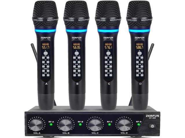 4 Channel Rechargeable Wireless Microphone System, Pro UHF Metal Handheld Wireless Microphones Cordless Mics with Echo Treble BASS VOL Channel.