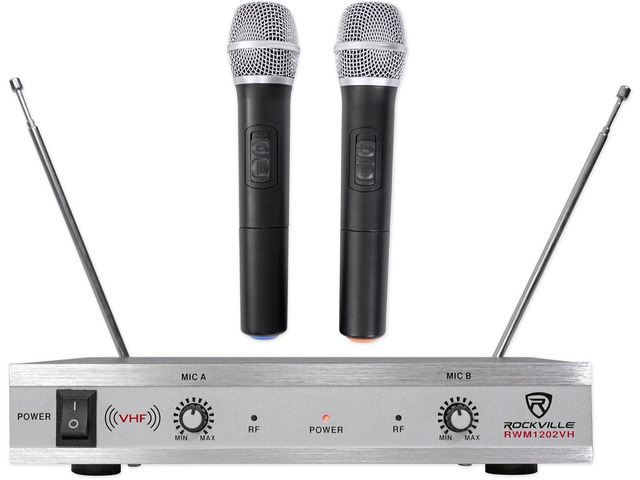 Rockville RWM1202VH VHF Wireless Dual Handheld Microphone System, 2 Channel Metal Receiver, 1/4' Audio Output, Cardioid, 200 ft Indoor Range,...