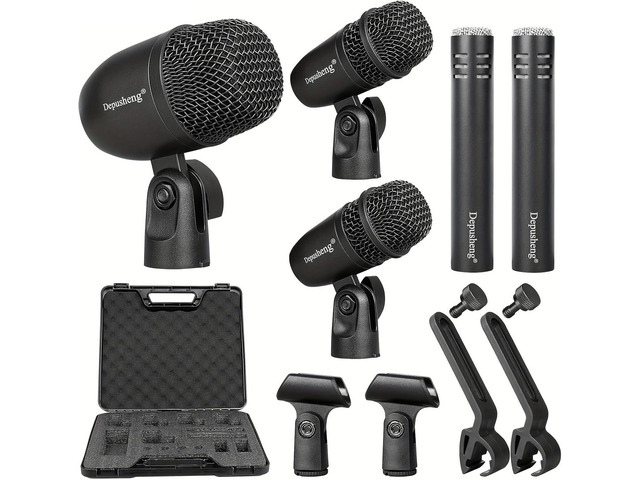 Depusheng 5-Piece Wired Dynamic Drum Mic Kit (Whole Metal) Kick Bass, Tom/Snare & Cymbals Microphone-Use for Drums, Vocal, Other Instrument...