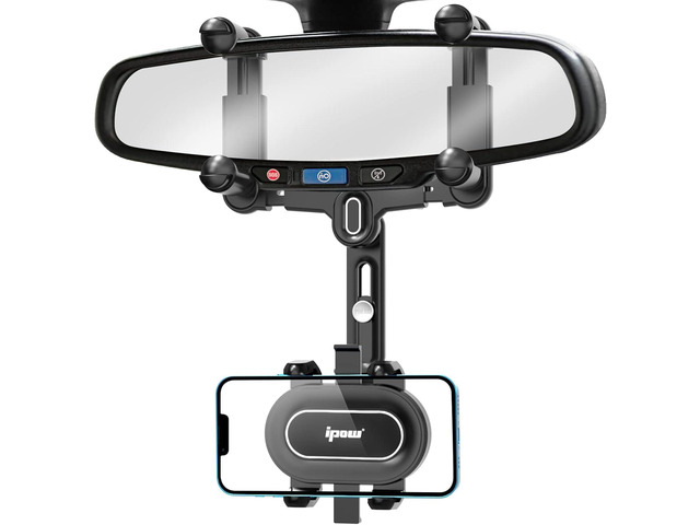 IPOW Large Rearview Mirror Phone Holder, Rotatable and Retractable, Anti-Shake Phone Mount for Car Compatible with iPhone 17/16/15/14/13/12/11 Pro...