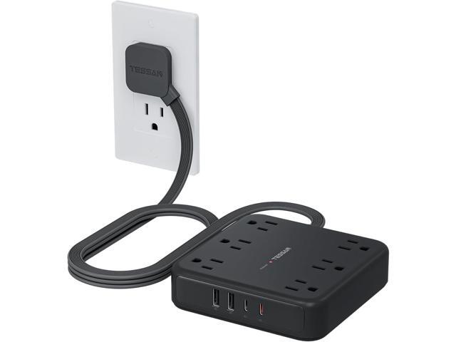 TESSAN Black Extension Cord with Fast Charger, Surge Protector Power Strip with 6 Outlets and 4 USB Ports (2 USB C), 2100 Joules Protection, Flat.