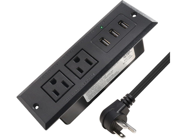 Desktop Recessed Power Strip with USB Flush Mount Power Socket 2 Outlets 3 USB Ports (15W/3A) Flat Plug Charge Station for Table Cabinet Sofa Counter