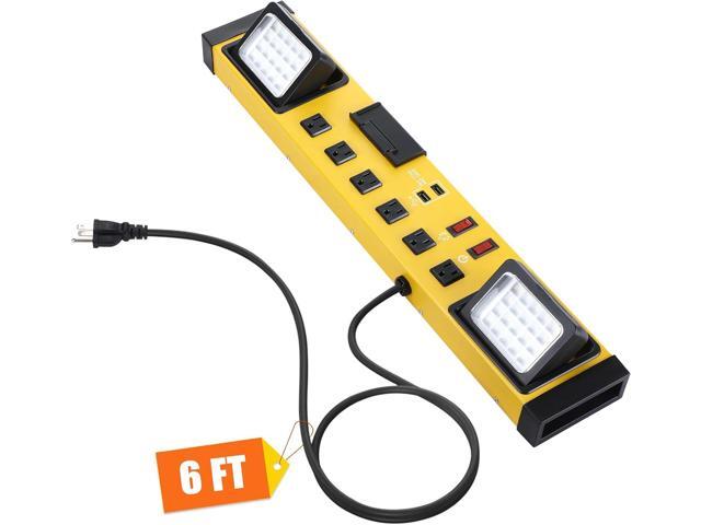 Tellegloww 6 Outlets Power Strip with LED Worklight, Metal Heavy Duty Wall Mount Workbench Power Strip with 6FT 14/3 AWG Cord, 2 USB Ports, 15A...
